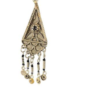 Vtg Silver Tone Triangle Pendant Black Bead Necklace Artisan Handmade Jewelry